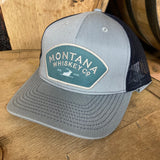 Trucker hat, snap back, gray/blue. Free 5" logo sticker included.