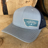 Trucker hat, snap back, gray/blue. Free 5" logo sticker included.