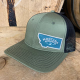 Trucker hat, snap back, loden/black. Free 5" logo sticker included.